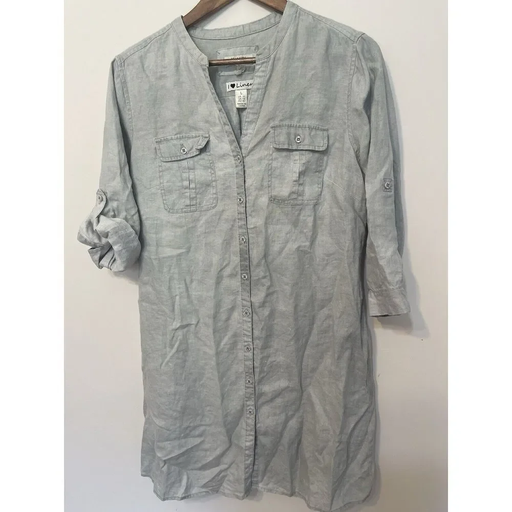 malvin i love linen dress Malvin Hamburg Germany I Love Linen Minimalist Gray Button Down Shirt Dress 10